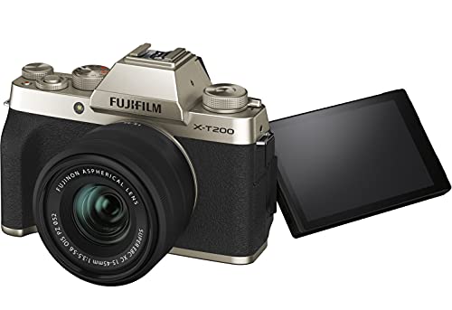 Fujifilm X-T200 24.2 MP Mirrorless Camera with XC 15-45 mm Lens (APS-C Sensor, Electronic Viewfinder, Vari-Angle LCD Touchscreen, Face/Eye AF, 4K Video Vlogging, Film Simulations) - Champagne Gold