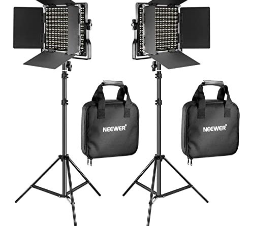 Neewer 2 Pieces Bi-color 660 LED Video Light and Stand Kit Includes:(2)3200-5600K CRI 96+ Dimmable Light with U Bracket and Barn Door (2)75 inches Light Stand for Studio Photography, Video Shooting