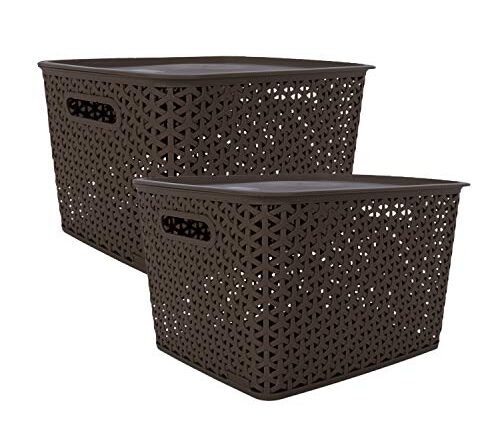 Bel Casa Royal Basket Large Pack of 2 With 2 Lids Multipurpose Plastic Storage Baskets - Dark Brown